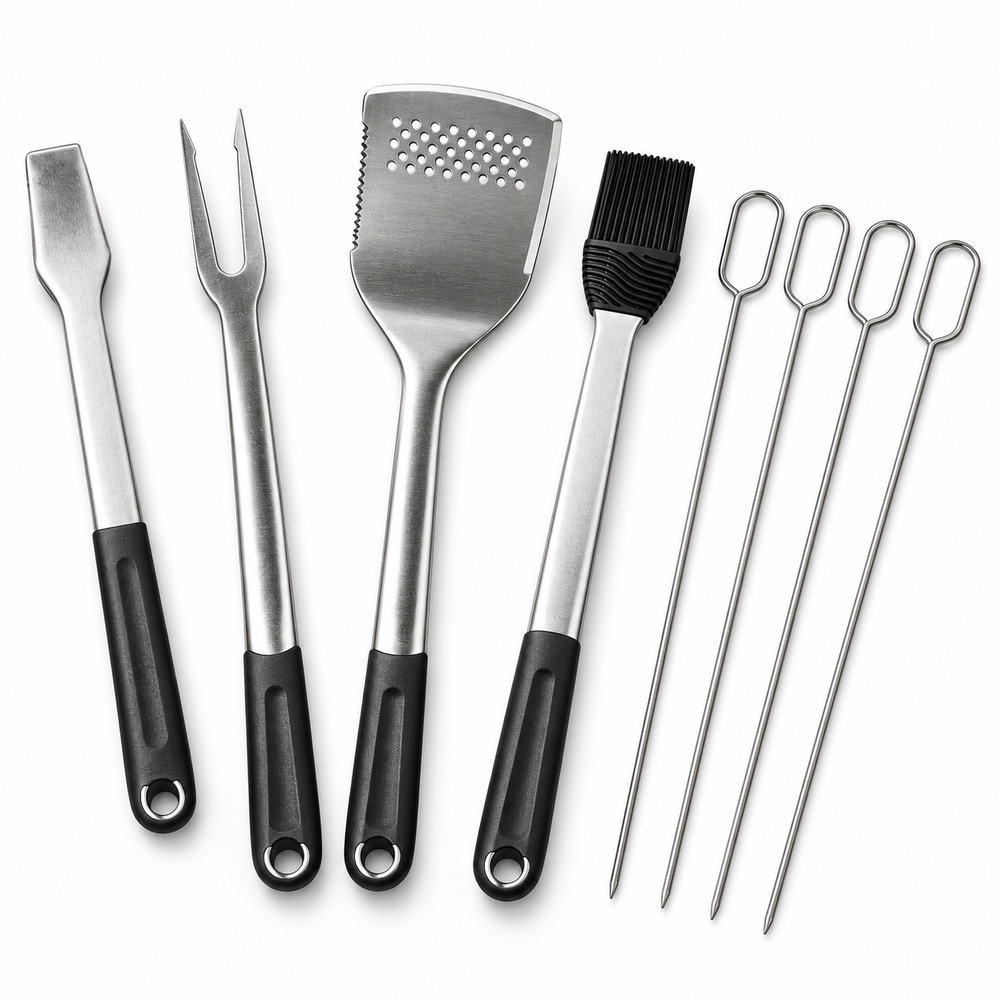 VEYUNA BBQ Tool Set 8-Piece Stainless Steel Grill Utensils with Skewers & Basting Brush