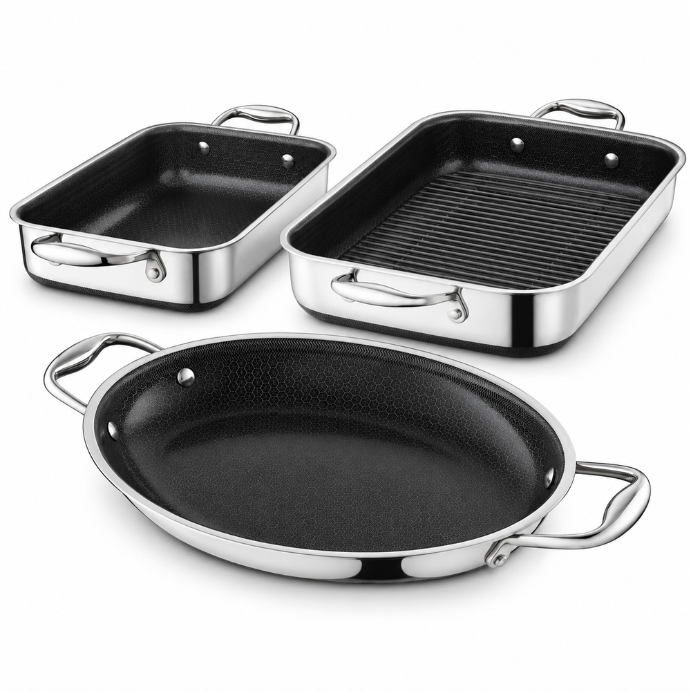 VEYUNA Hybrid Roasting Pan Set, 4-Piece Nonstick Ovenware with Stainless Steel Handles