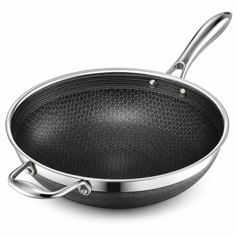 VEYUNA 30 cm Hybrid Wok – Nonstick Stainless Steel Stir-Fry Pan with Helper Handle