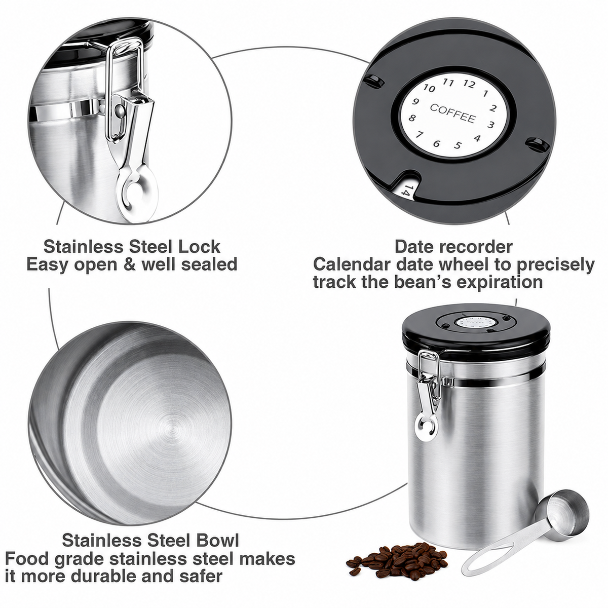 VEYUNA Food Storage Canister, Airtight Stainless Steel Container with Scoop & CO2 Valve