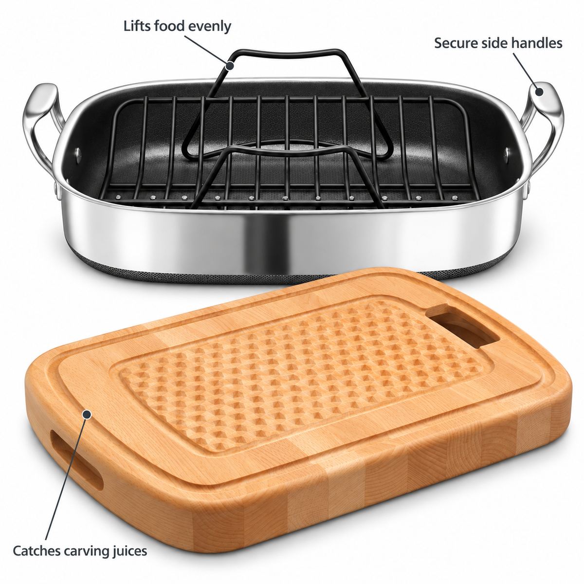 VEYUNA Hybrid Roasting Pan & Cutting Board Set with Rack, Carving Board and Handles