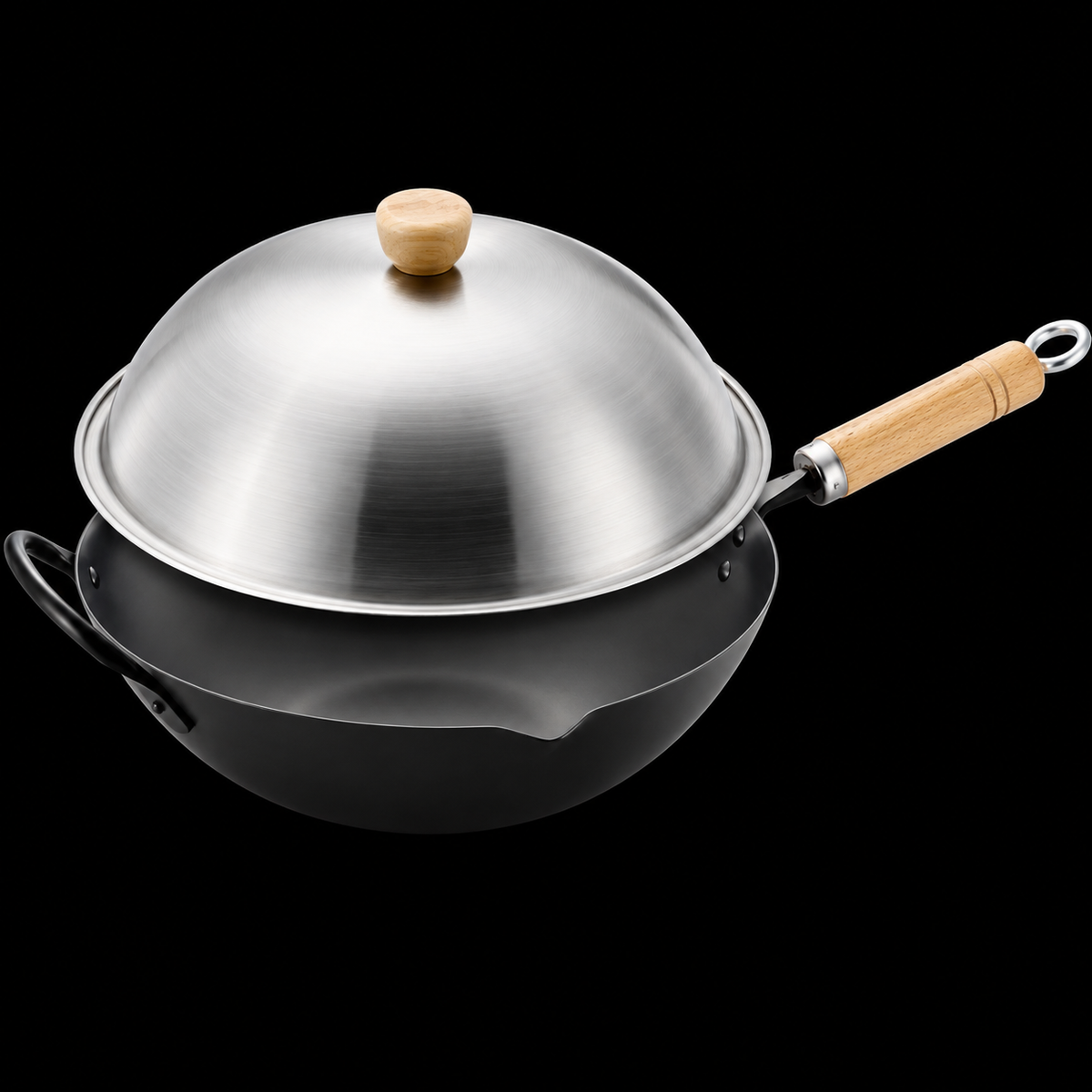 VEYUNA 36cm Carbon Steel Wok with Lid - Nitrided Food Prep Cookware