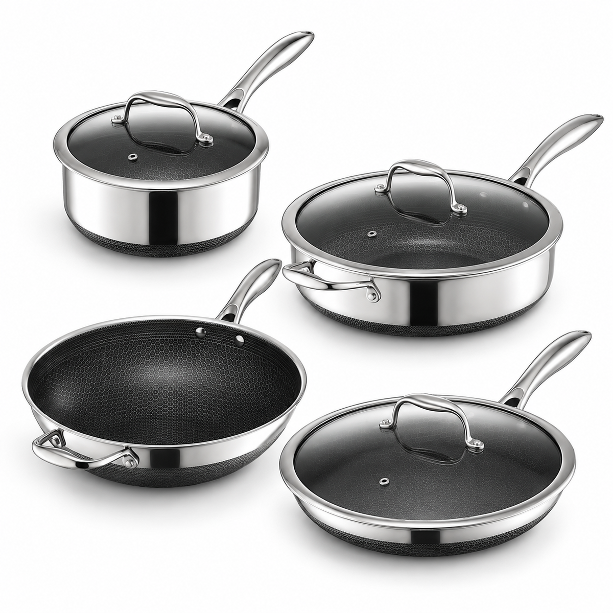 VEYUNA Hybrid Cookware Set 7-Piece with Frying Pan, Wok, Saucepan and Glass Lids