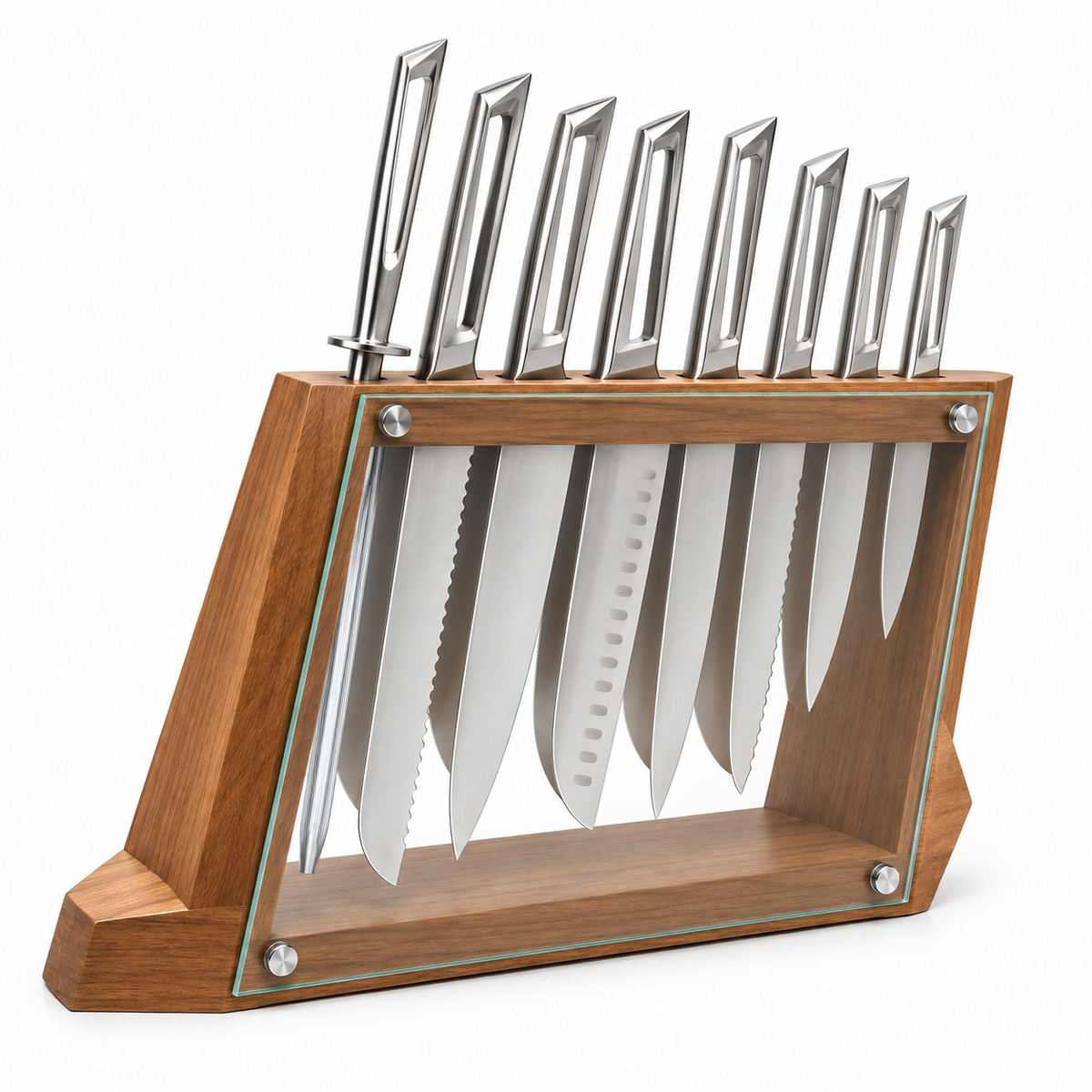 VEYUNA 8-Piece Knife Block Set, Stainless Steel Knives, Wood Glass Storage Block