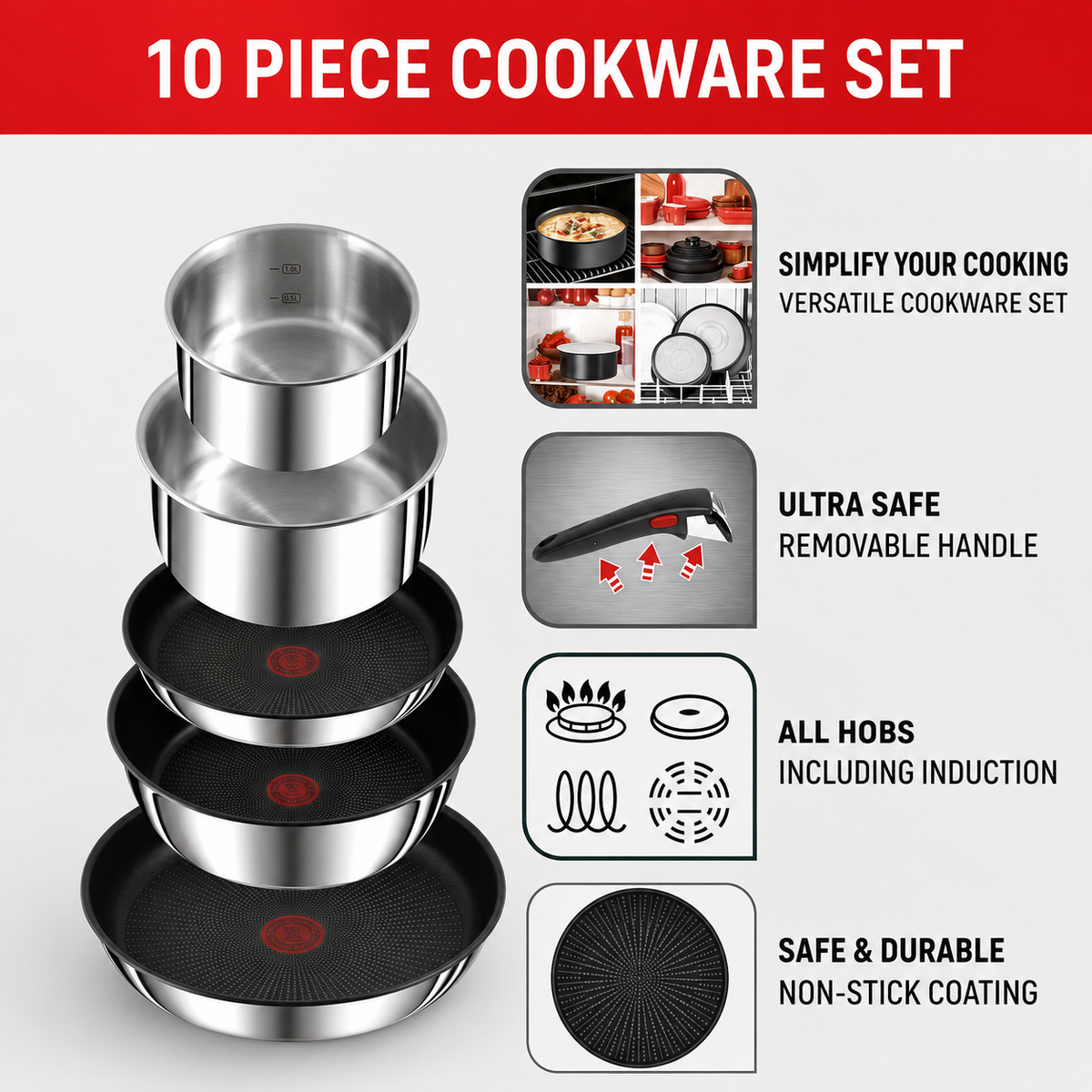 VEYUNA Cookware Set – 10-Piece Stainless Steel Stackable Set for Food Prep
