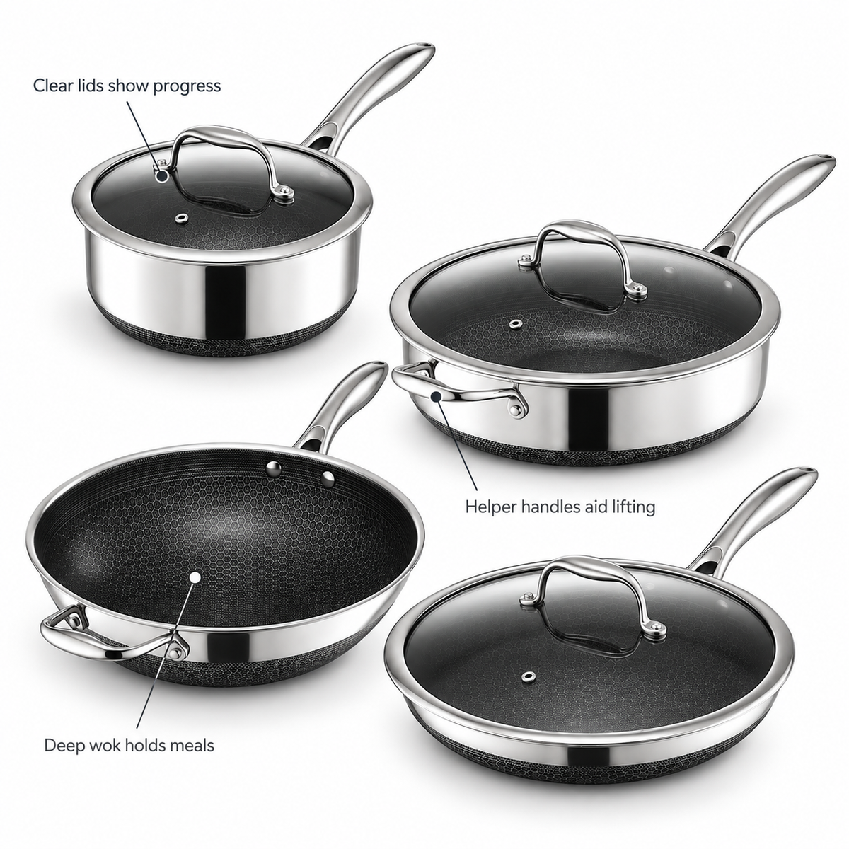 VEYUNA Hybrid Cookware Set 7-Piece with Frying Pan, Wok, Saucepan and Glass Lids