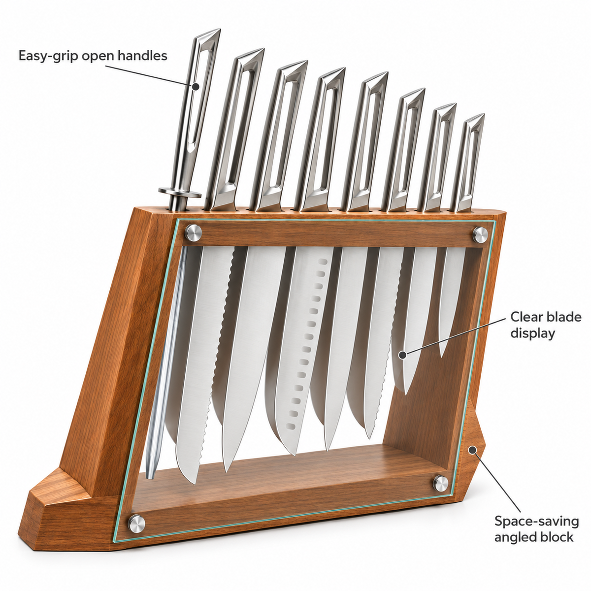 VEYUNA 8-Piece Knife Block Set, Stainless Steel Knives, Wood Glass Storage Block