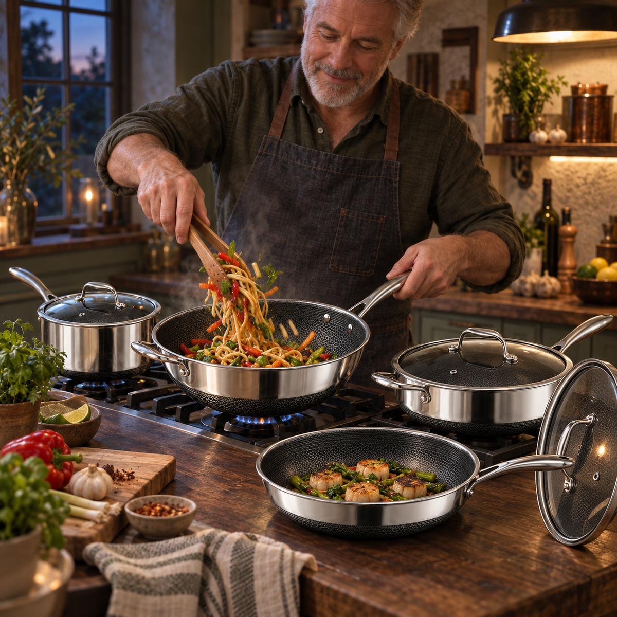 VEYUNA Hybrid Cookware Set 7-Piece with Frying Pan, Wok, Saucepan and Glass Lids