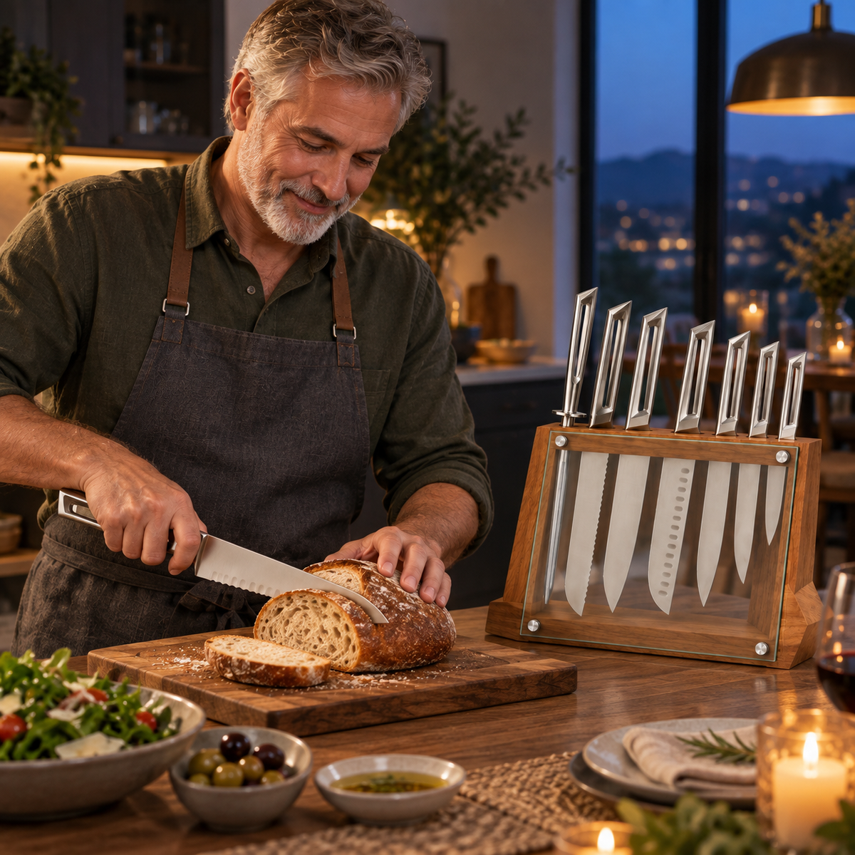 VEYUNA 8-Piece Knife Block Set, Stainless Steel Knives, Wood Glass Storage Block