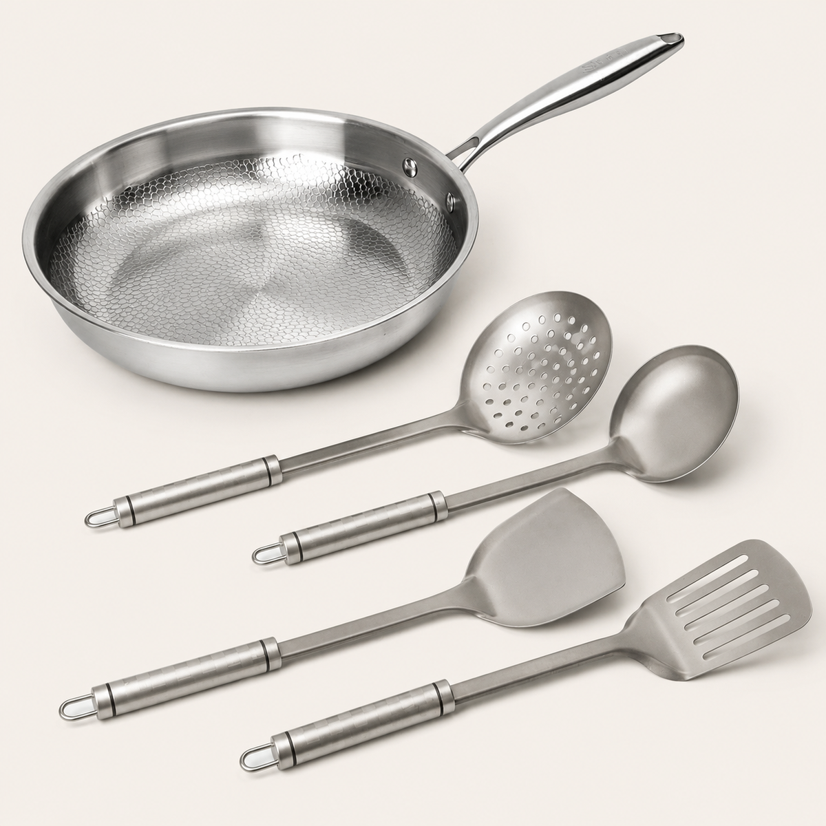 VEYUNA Titanium Hammered Pan & Utensil Set - 5-Piece Food Prep Cookware