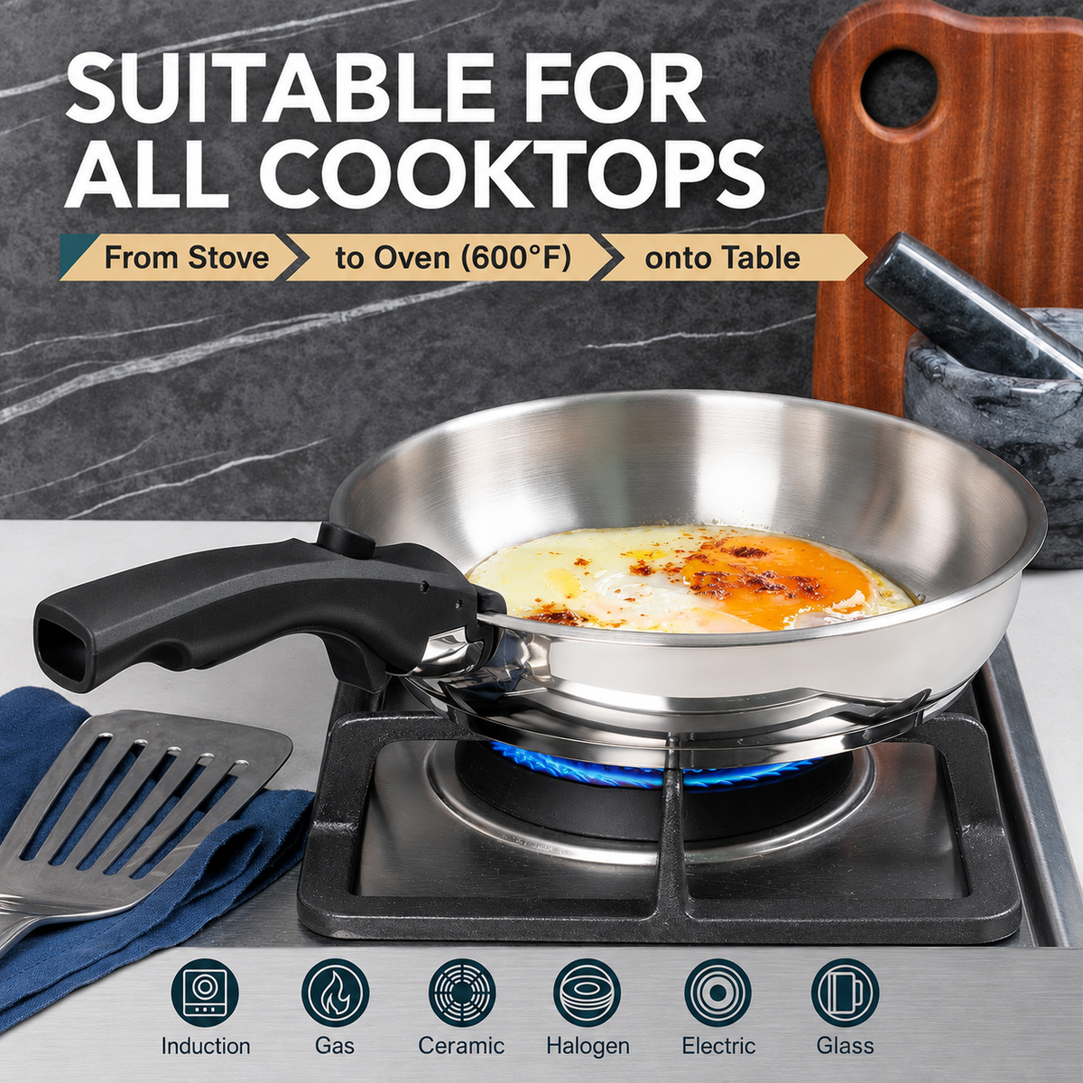 VEYUNA Frying Pan Set – 3-Piece Stainless Steel Removable Handle for Food Prep
