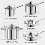 VEYUNA Cookware Set – 14-Piece Nickel-Free Stainless Steel for Healthy Food Prep