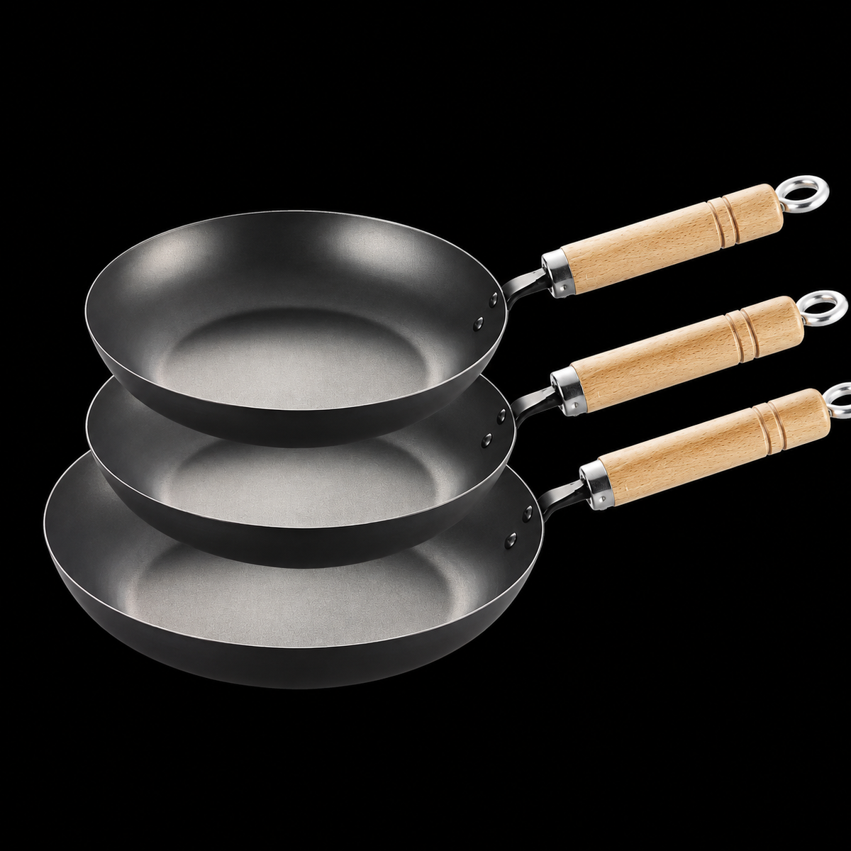 VEYUNA 3-Piece Carbon Steel Frying Pan Set - 20/24/28cm Food Prep