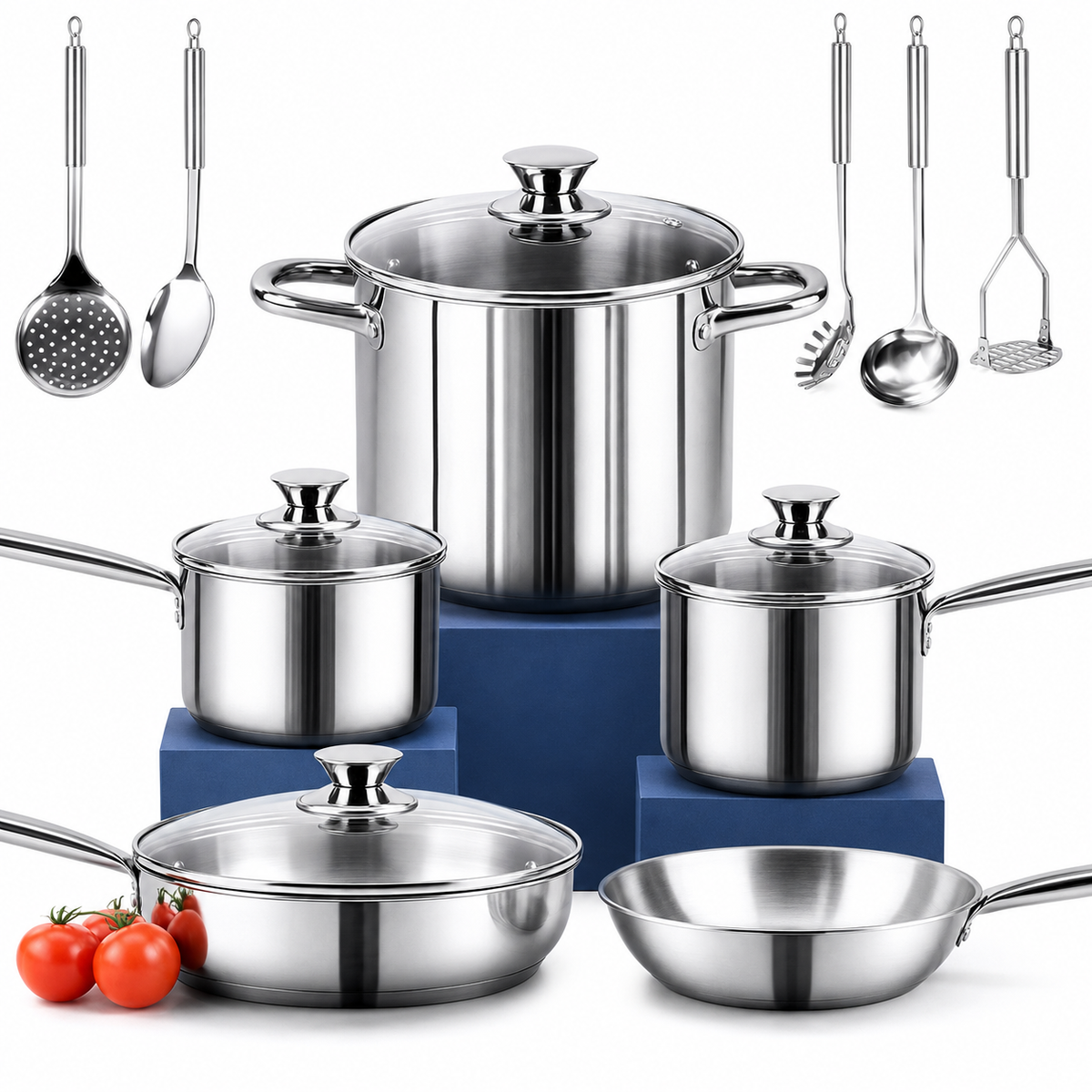 VEYUNA Cookware Set – 14-Piece Nickel-Free Stainless Steel for Healthy Food Prep