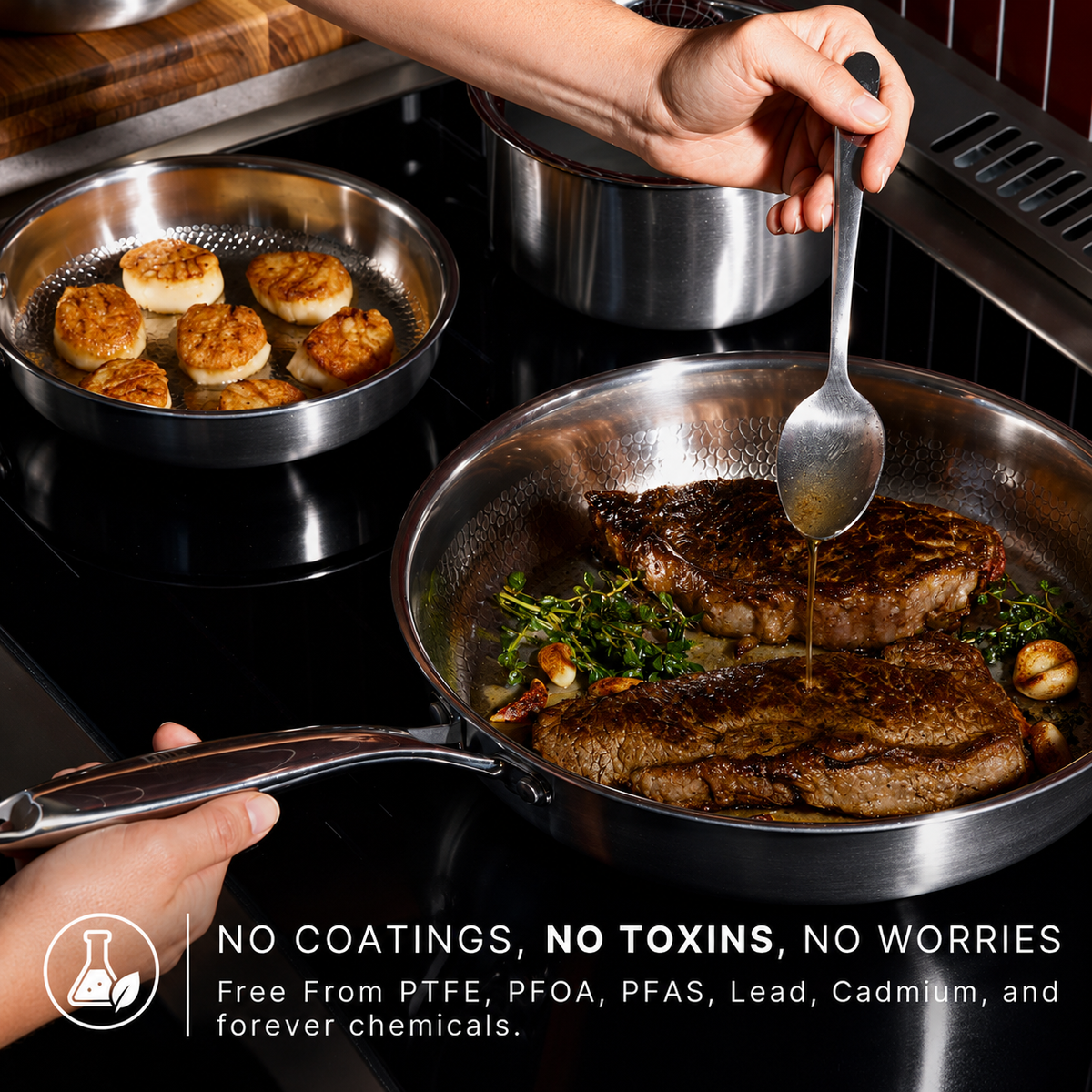 VEYUNA Titanium Hammered Pan Pro Kit - Pan, Lid & Spatula for Food Prep
