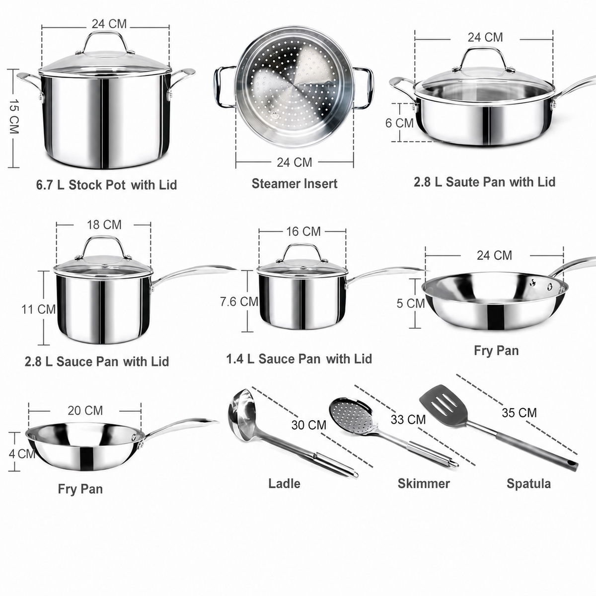 VEYUNA Cookware Set – 14-Piece Nickel-Free 3-Ply Stainless Steel for Food Prep