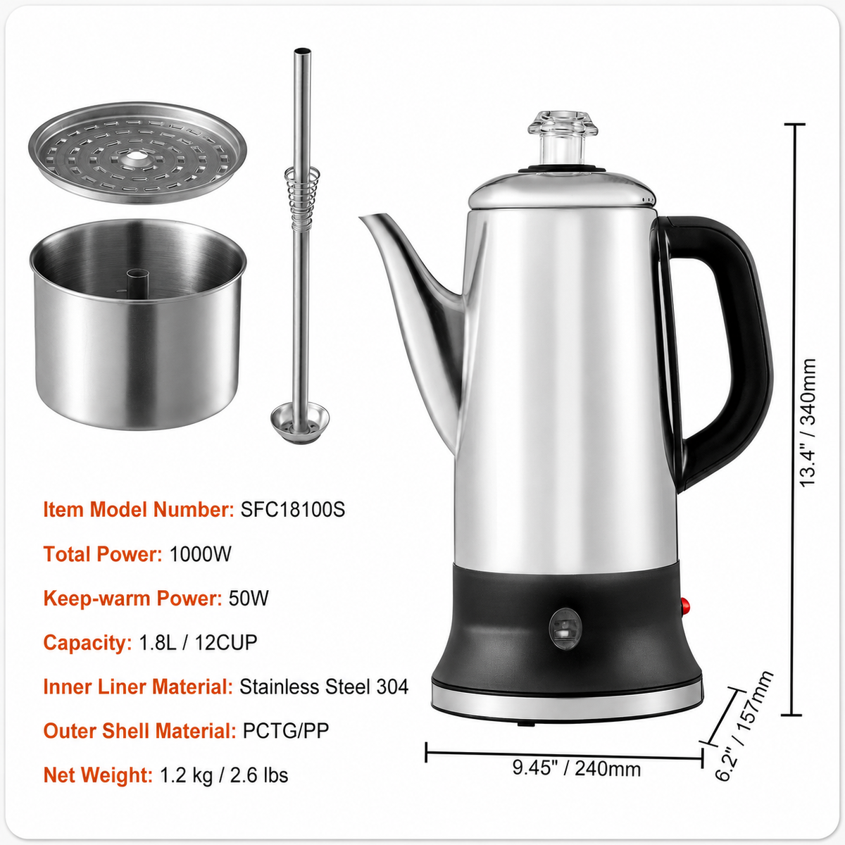 VEYUNA Electric Meal Prep Percolator, Stainless Steel Keep Warm Pot