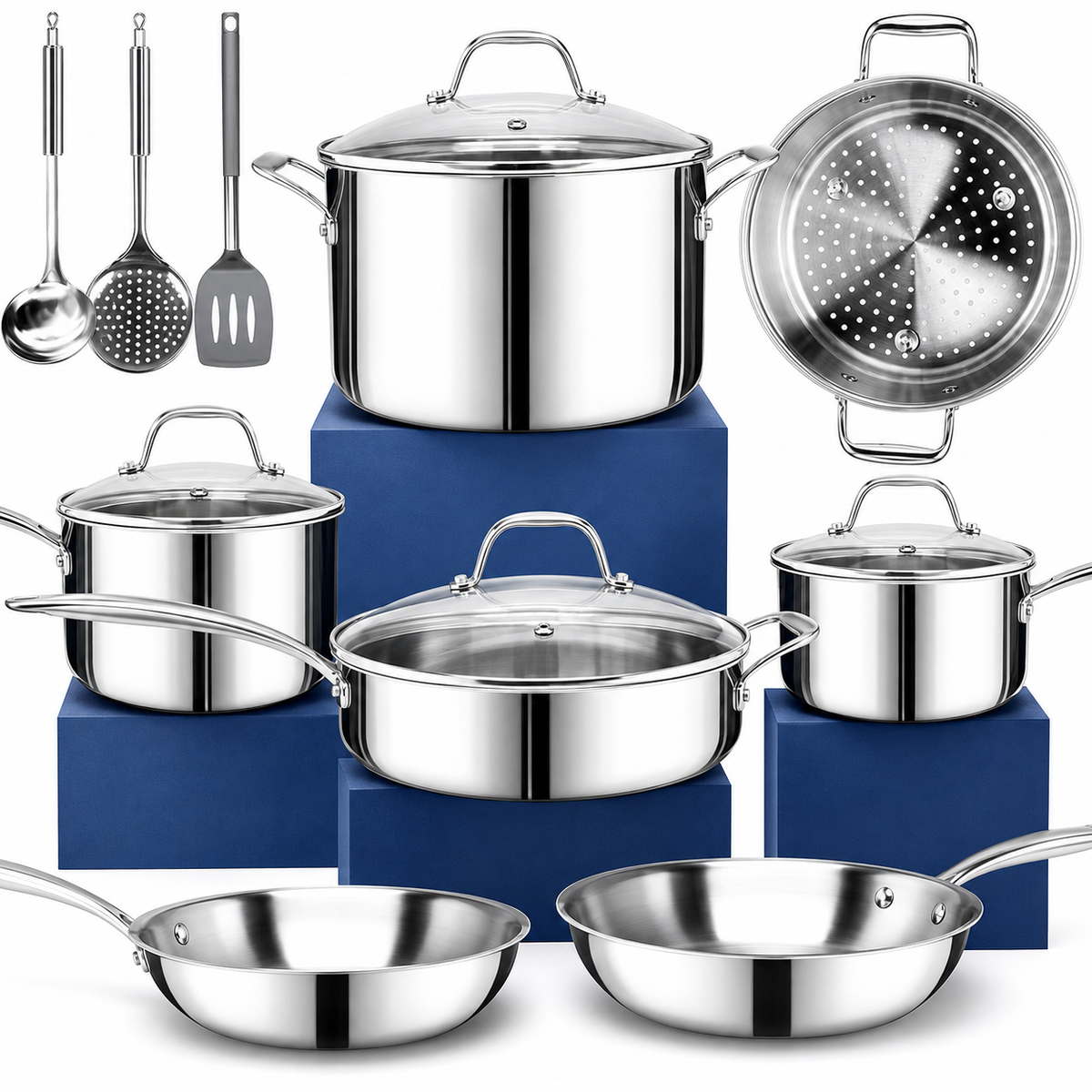 VEYUNA Cookware Set – 14-Piece Nickel-Free 3-Ply Stainless Steel for Food Prep