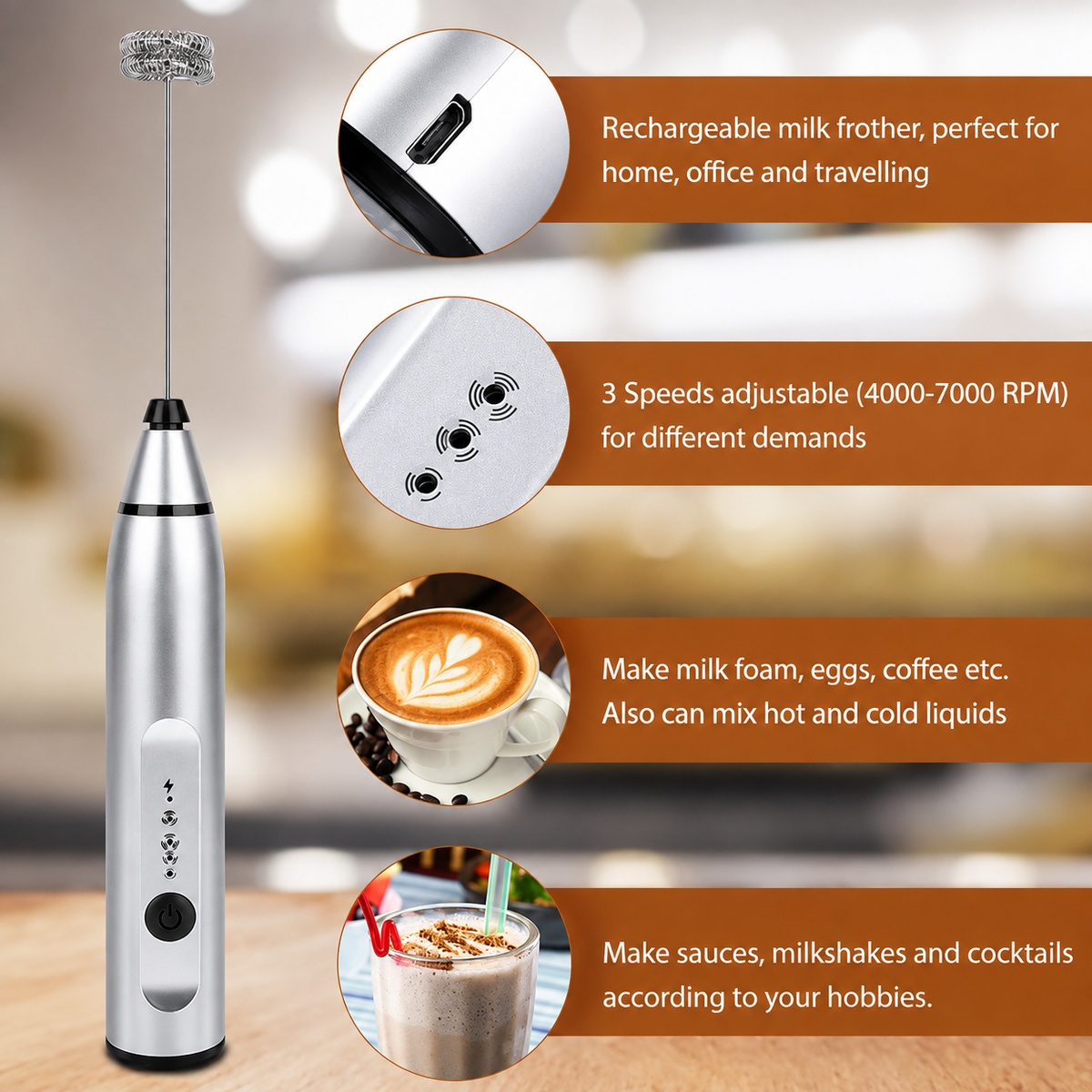 VEYUNA Meal Frother, USB Rechargeable Handheld Mixer with Whisk & Foam Wand