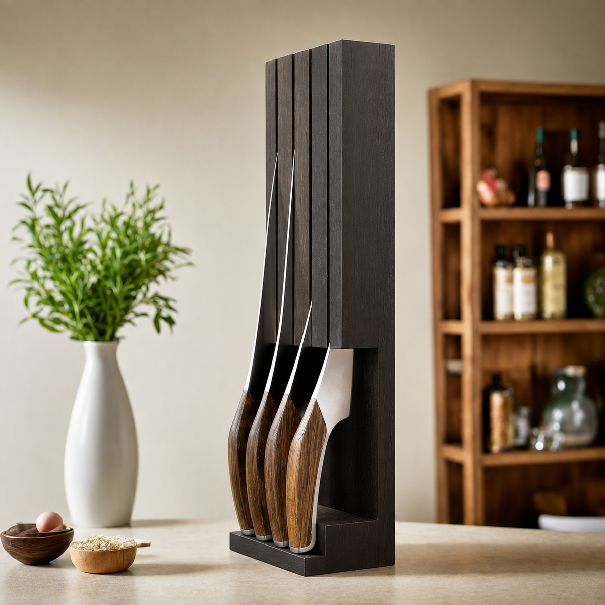 VEYUNA 4-Piece Knife Set with Oak Wood Holder - Stainless Steel Food Prep