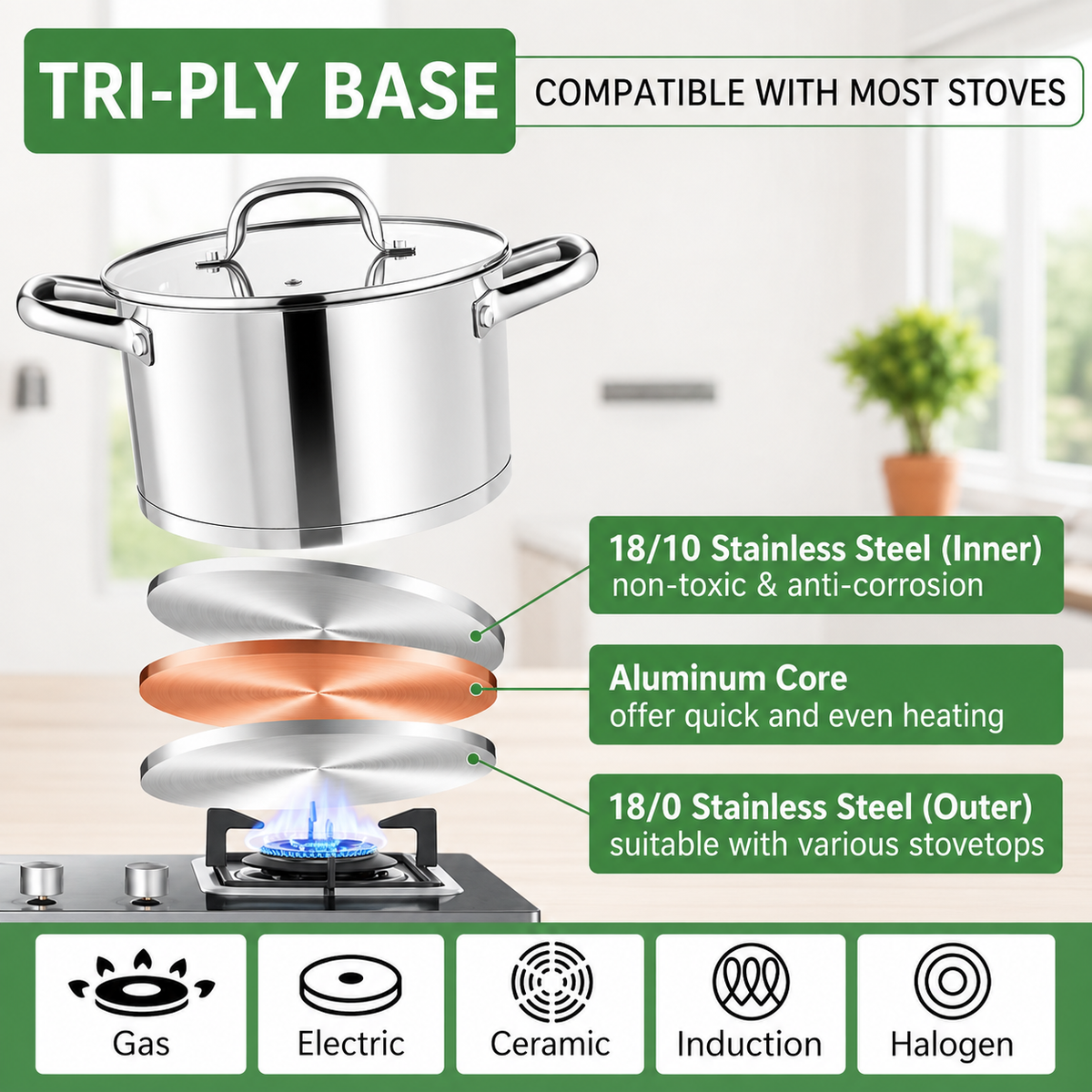 VEYUNA Stock Pot – 7.8L Tri-Ply Stainless Steel with Lid for Food Prep