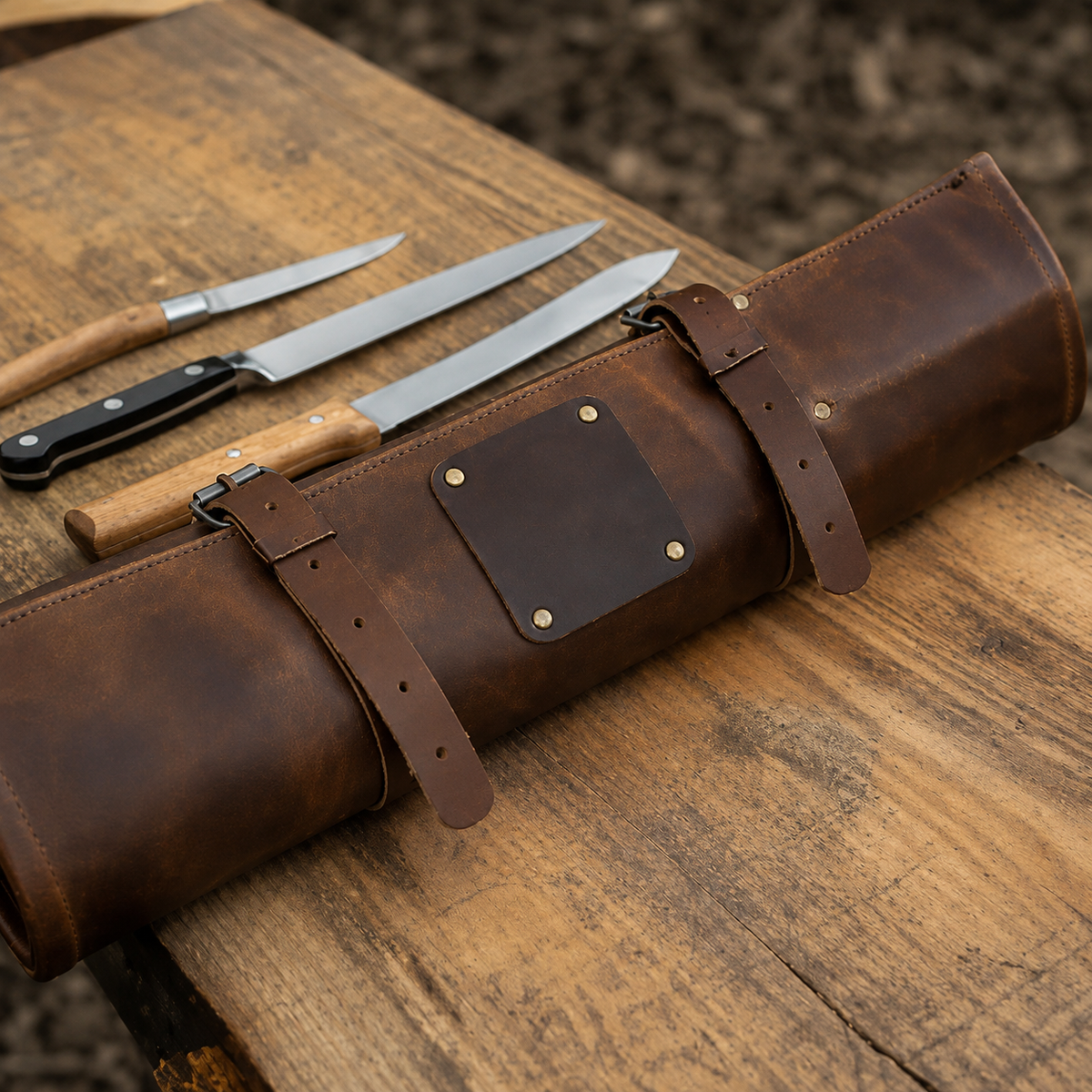 VEYUNA Leather Knife Roll - 5-Compartment Handmade Food Prep Storage Case