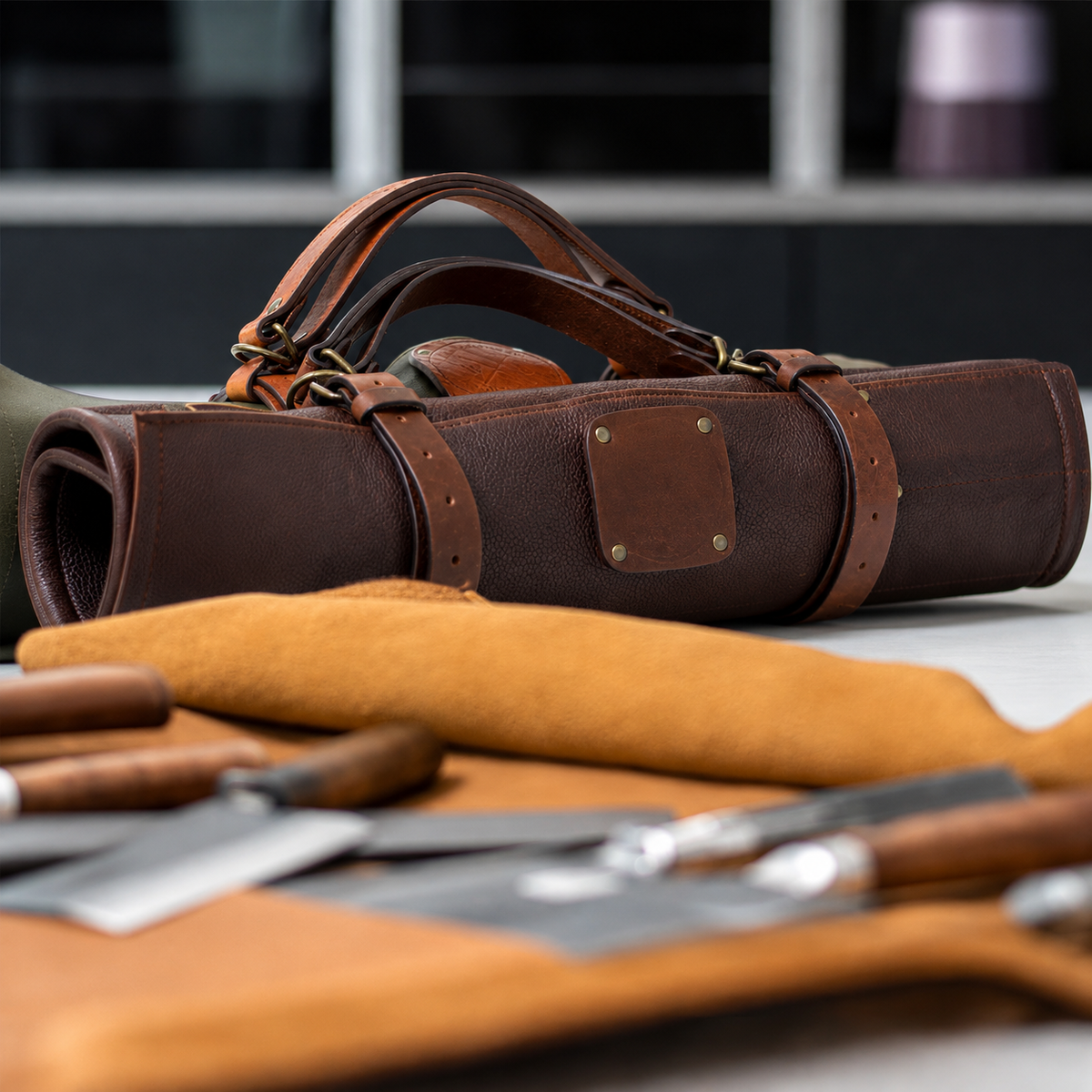 VEYUNA Leather Knife Roll - 5-Compartment Handmade Food Prep Storage Case
