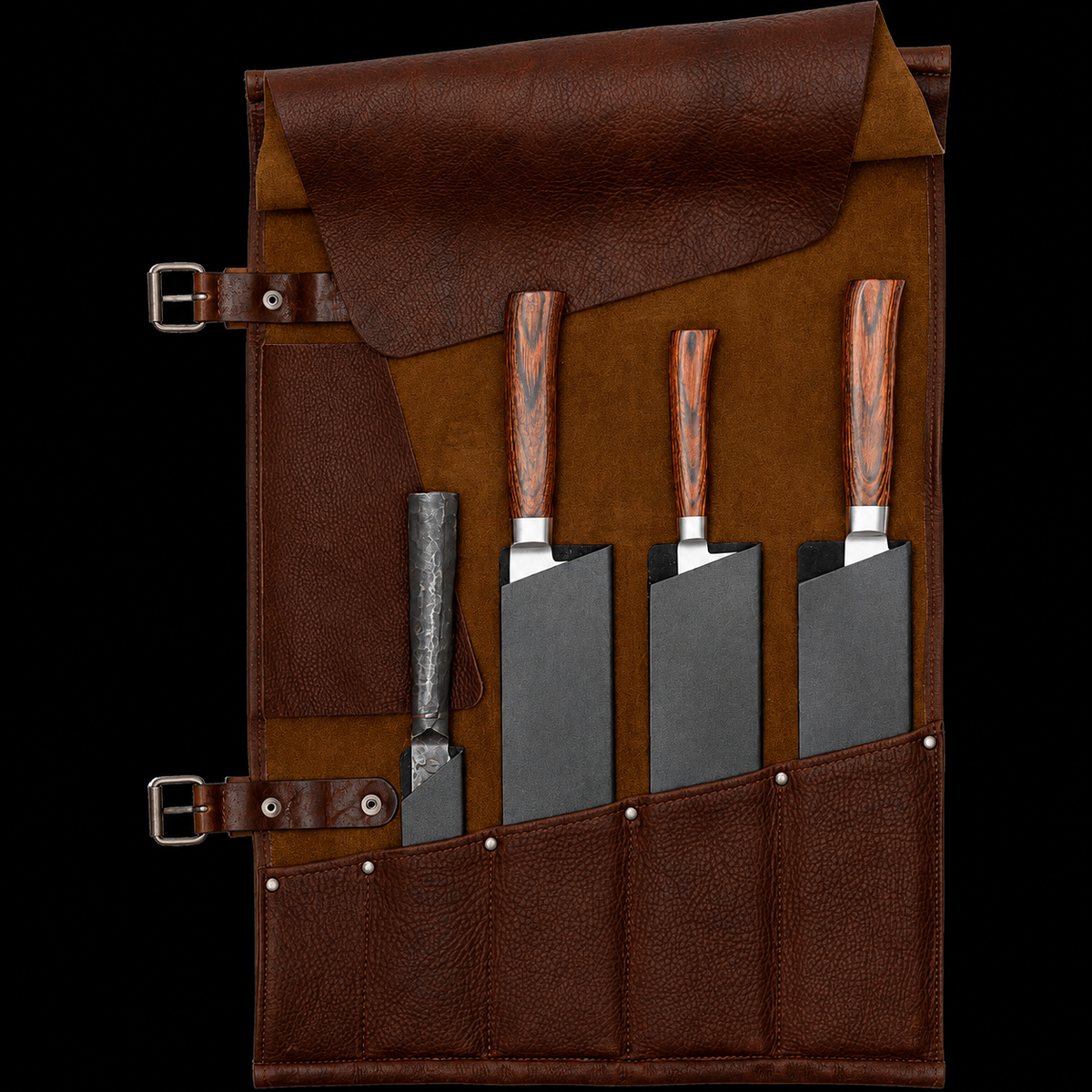 VEYUNA Leather Knife Roll - 5-Compartment Handmade Food Prep Storage Case