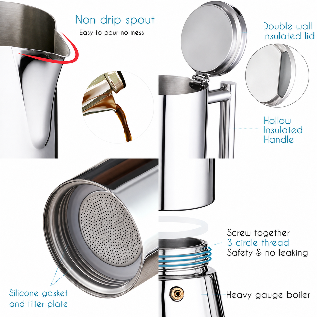 VEYUNA Moka Pot, Stainless Steel Stovetop Espresso Maker for Home Kitchens