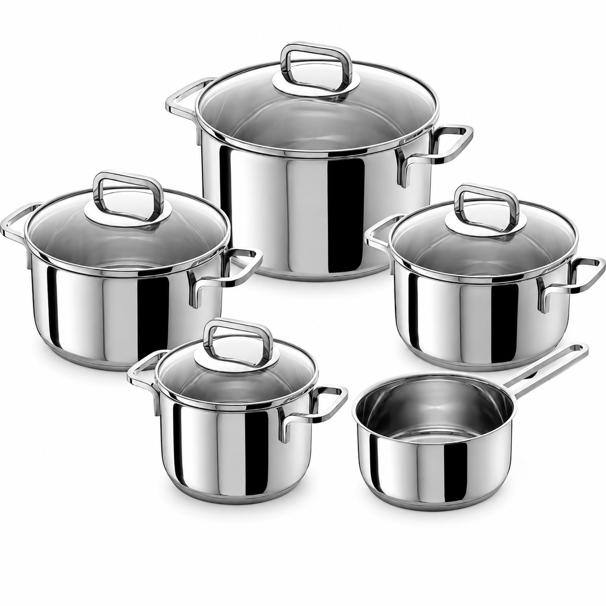 VEYUNA Cookware Set – 5-Piece Stainless Steel with Glass Lids for Food Prep