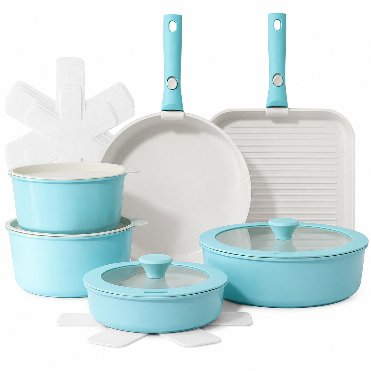 VEYUNA Ceramic Cookware Set 17-Piece, Nonstick, Detachable Handle, Meal Prep