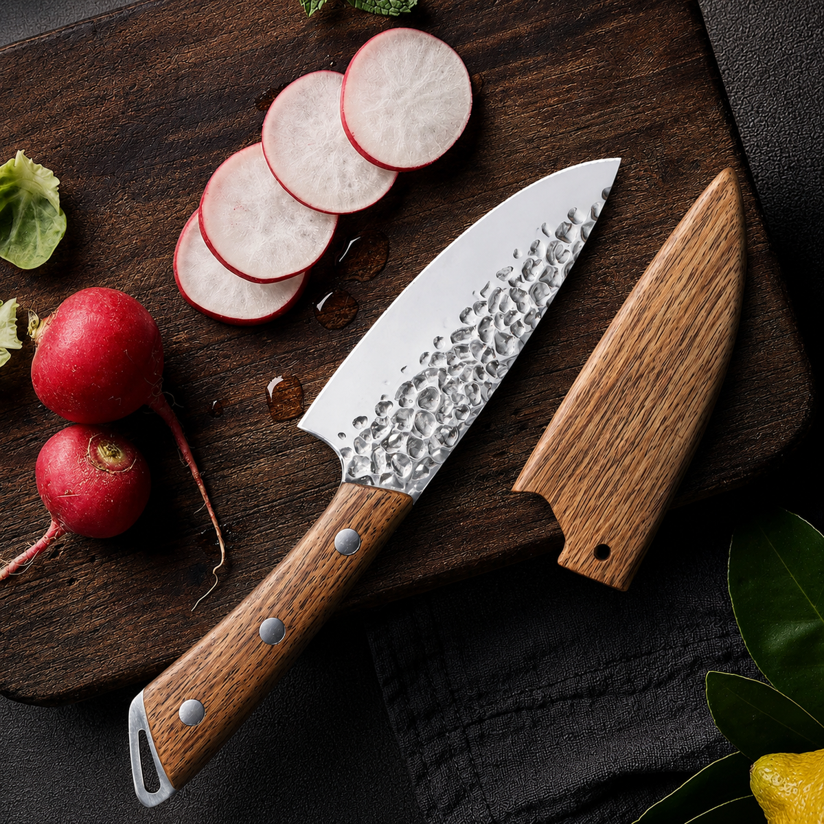 VEYUNA 5-Inch Chef Knife - AUS8 Hammered Steel Wood Handle Food Prep