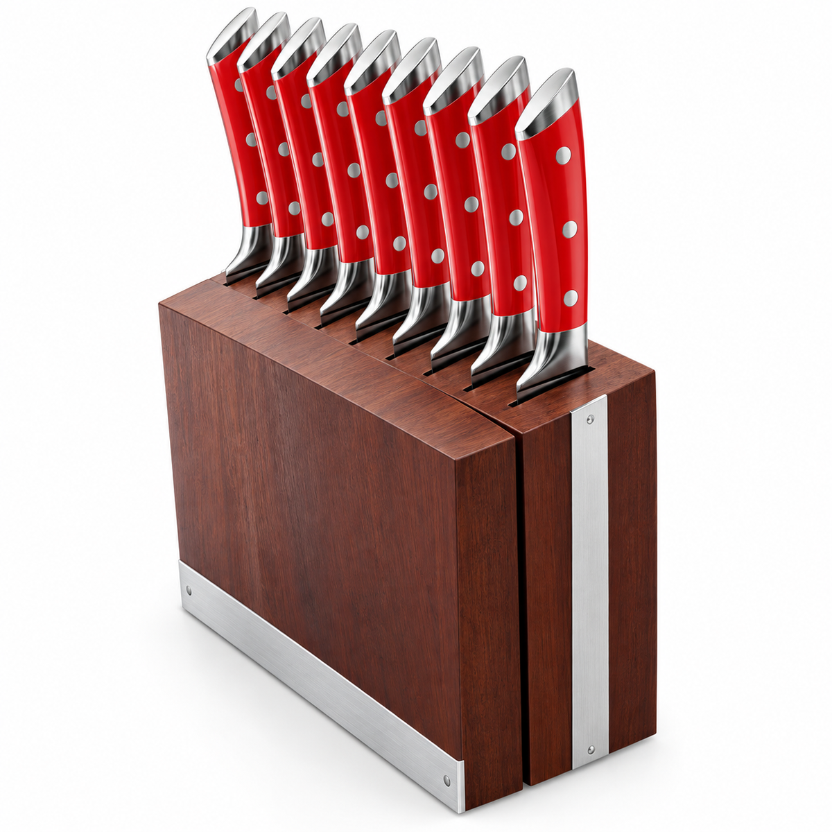 VEYUNA 8-Piece Steak Knife Set, Red Handles, 5-Inch Blades, Wood Storage Block