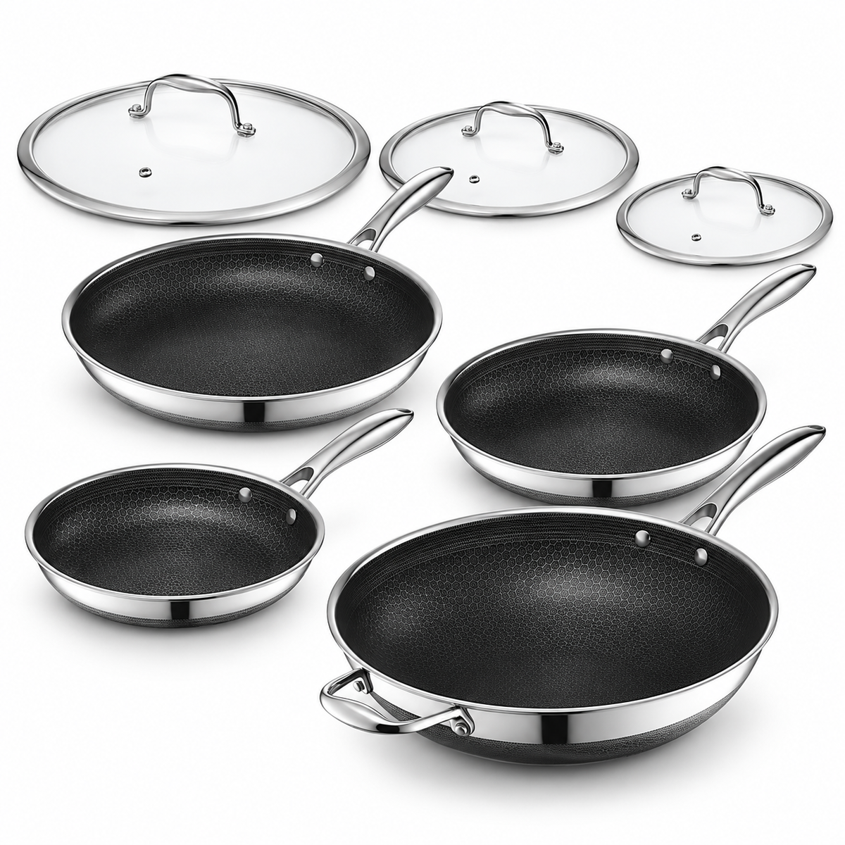 VEYUNA Hybrid Cookware Set 7-Piece Nonstick Fry Pans Wok with Lids Stainless Steel Handles