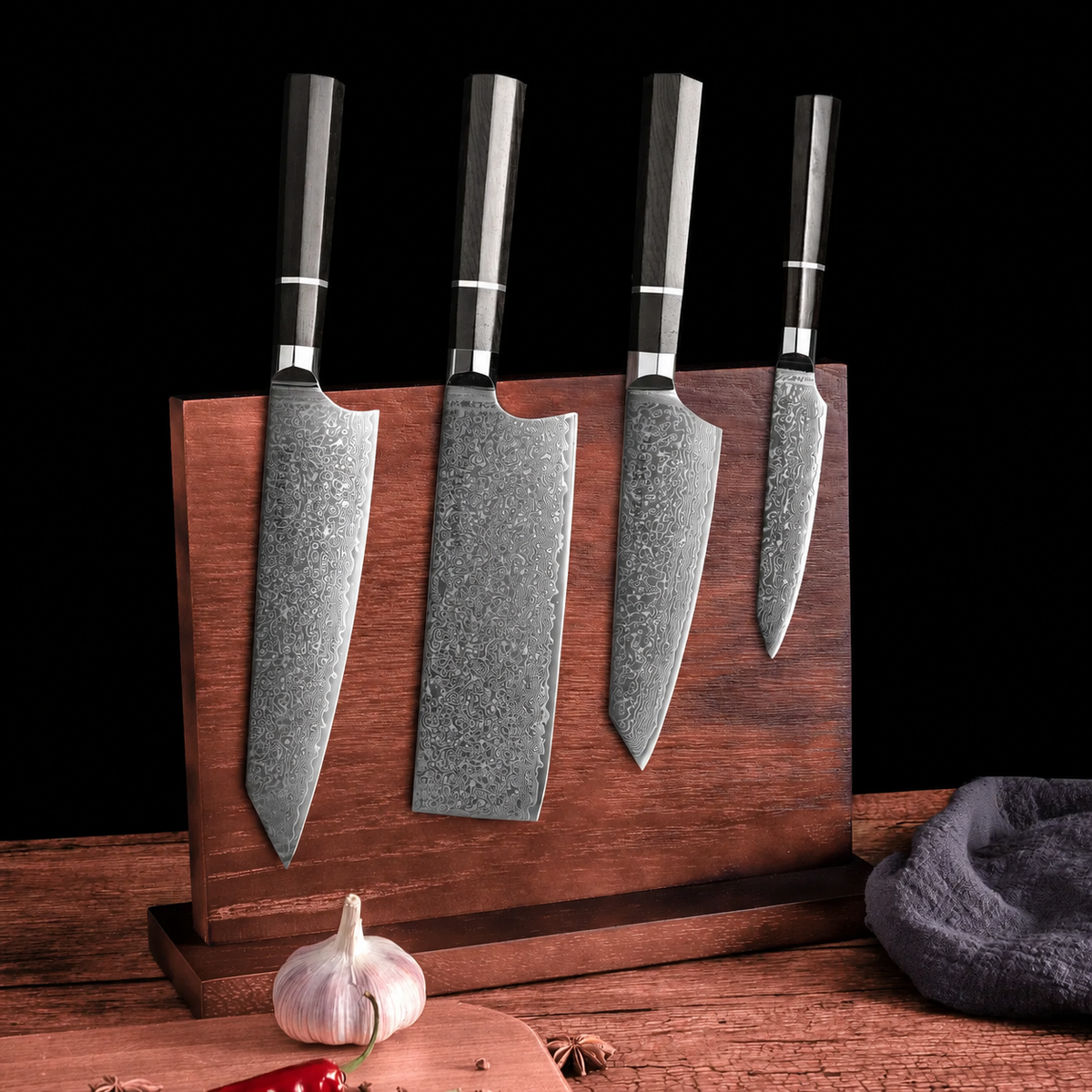 VEYUNA 5-Piece Knife Set - 4 Damascus Knives, Magnetic Wood Block, Food Prep