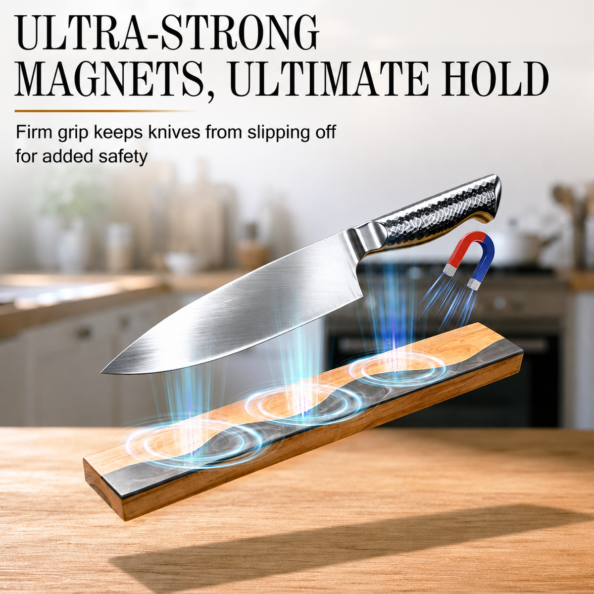 VEYUNA Magnetic Knife Holder – 16-Inch Acacia Wood Strip for Food Prep Tools