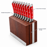 VEYUNA 8-Piece Steak Knife Set, Red Handles, 5-Inch Blades, Wood Storage Block