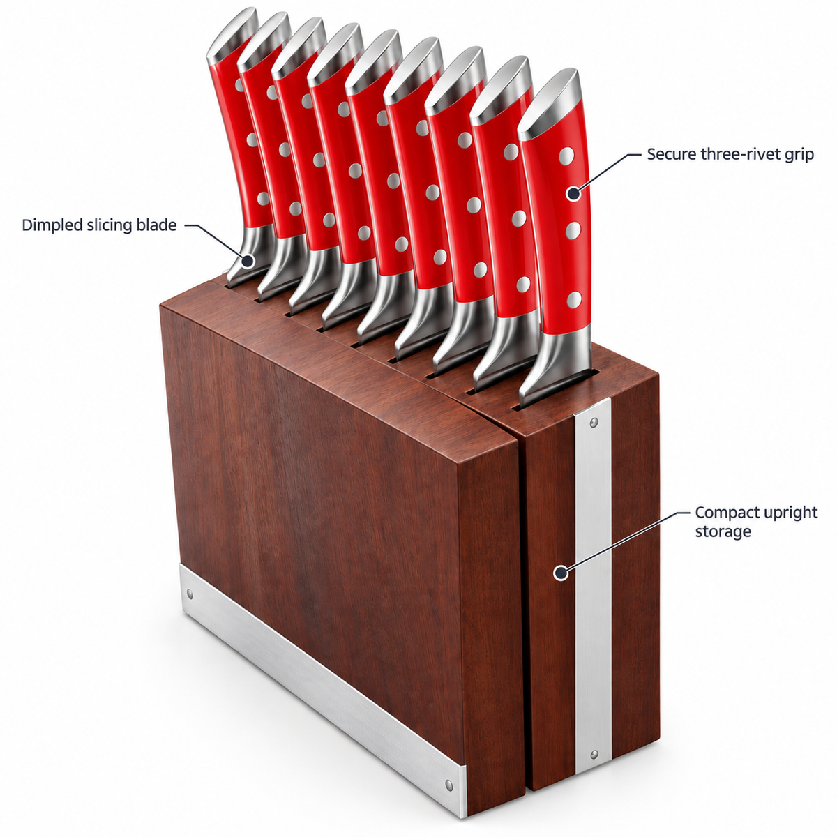 VEYUNA 8-Piece Steak Knife Set, Red Handles, 5-Inch Blades, Wood Storage Block
