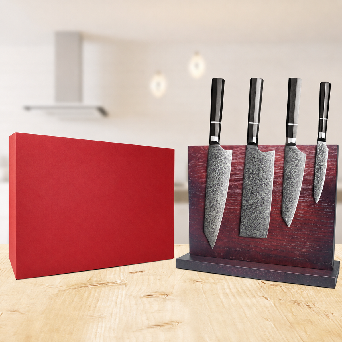 VEYUNA 5-Piece Knife Set - 4 Damascus Knives, Magnetic Wood Block, Food Prep