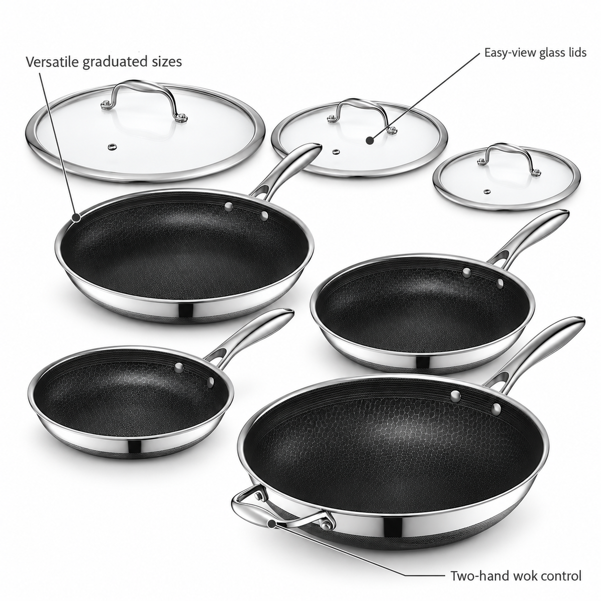 VEYUNA Hybrid Cookware Set 7-Piece Nonstick Fry Pans Wok with Lids Stainless Steel Handles