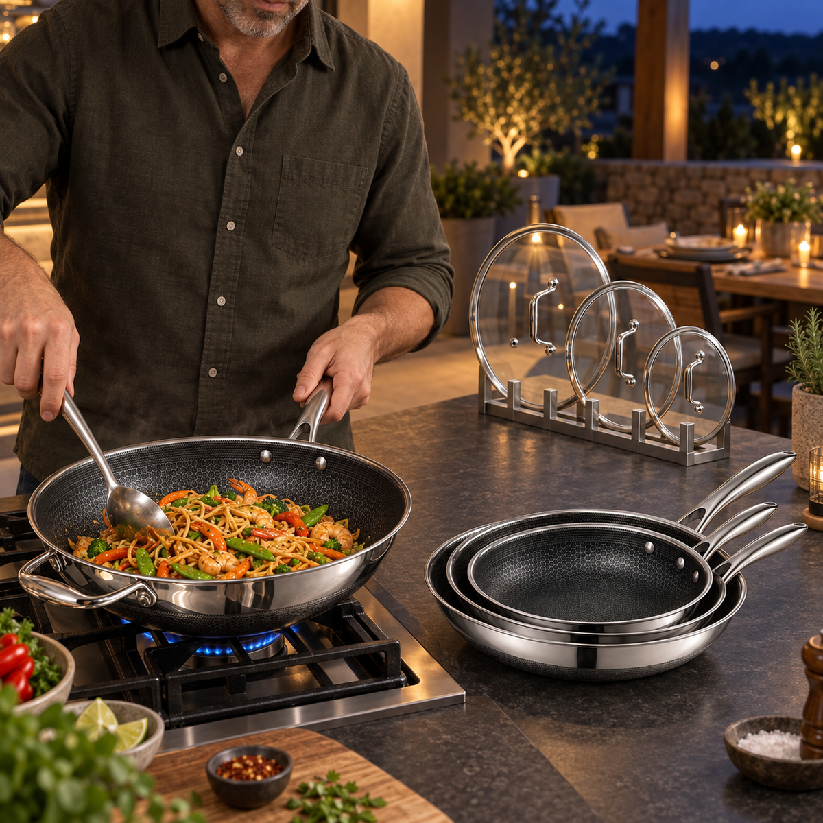 VEYUNA Hybrid Cookware Set 7-Piece Nonstick Fry Pans Wok with Lids Stainless Steel Handles