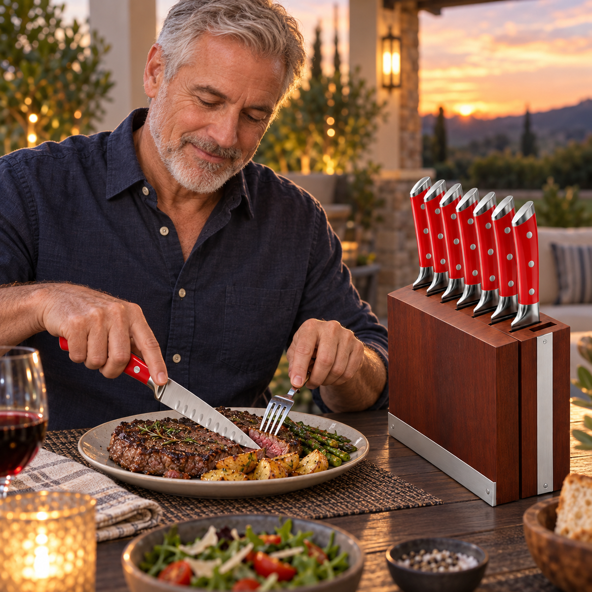 VEYUNA 8-Piece Steak Knife Set, Red Handles, 5-Inch Blades, Wood Storage Block