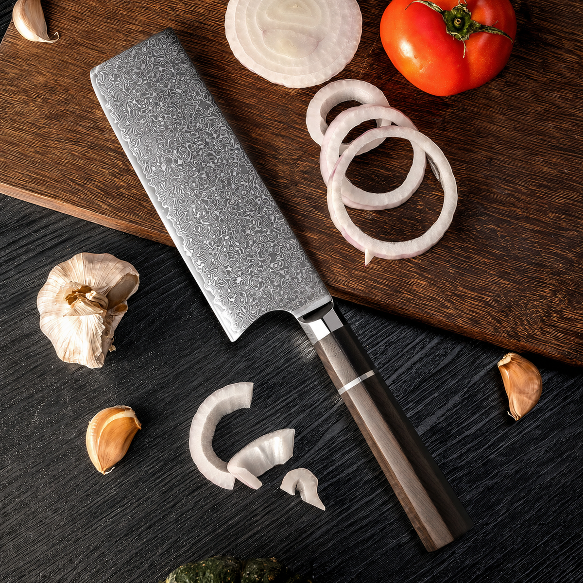 VEYUNA 5-Piece Knife Set - 4 Damascus Knives, Magnetic Wood Block, Food Prep