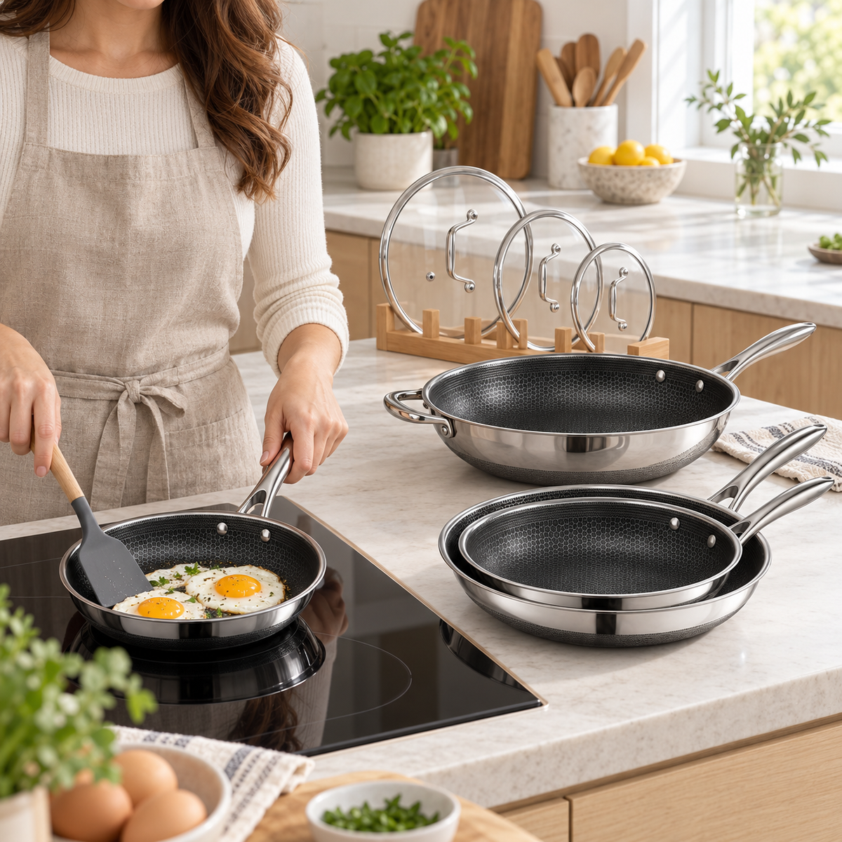 VEYUNA Hybrid Cookware Set 7-Piece Nonstick Fry Pans Wok with Lids Stainless Steel Handles