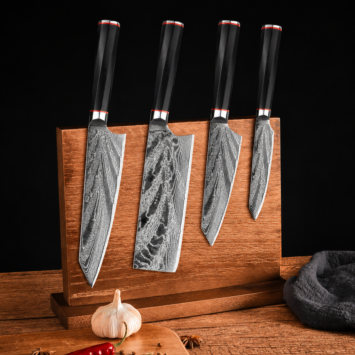 VEYUNA 5-Piece Knife Set with Magnetic Wood Block - Damascus Steel Food Prep
