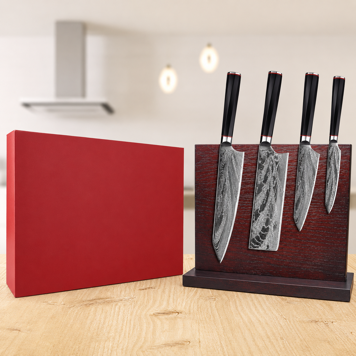 VEYUNA 5-Piece Knife Set with Magnetic Wood Block - Damascus Steel Food Prep