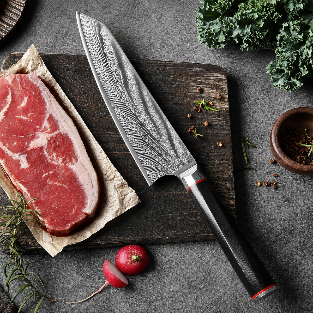 VEYUNA 5-Piece Knife Set with Magnetic Wood Block - Damascus Steel Food Prep