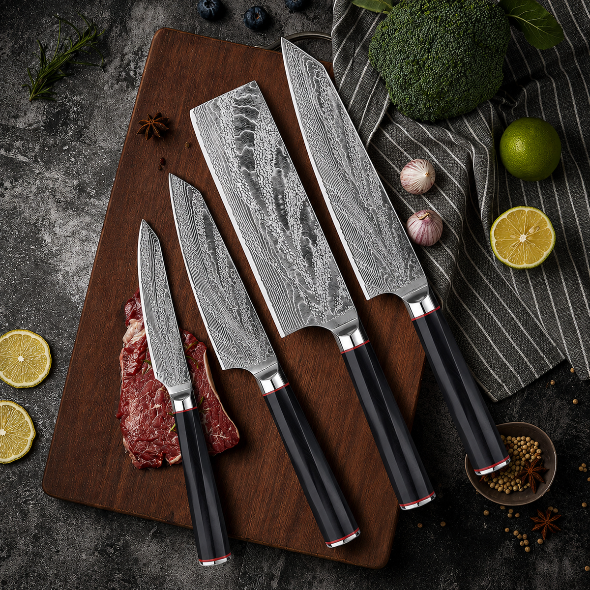 VEYUNA 5-Piece Knife Set with Magnetic Wood Block - Damascus Steel Food Prep