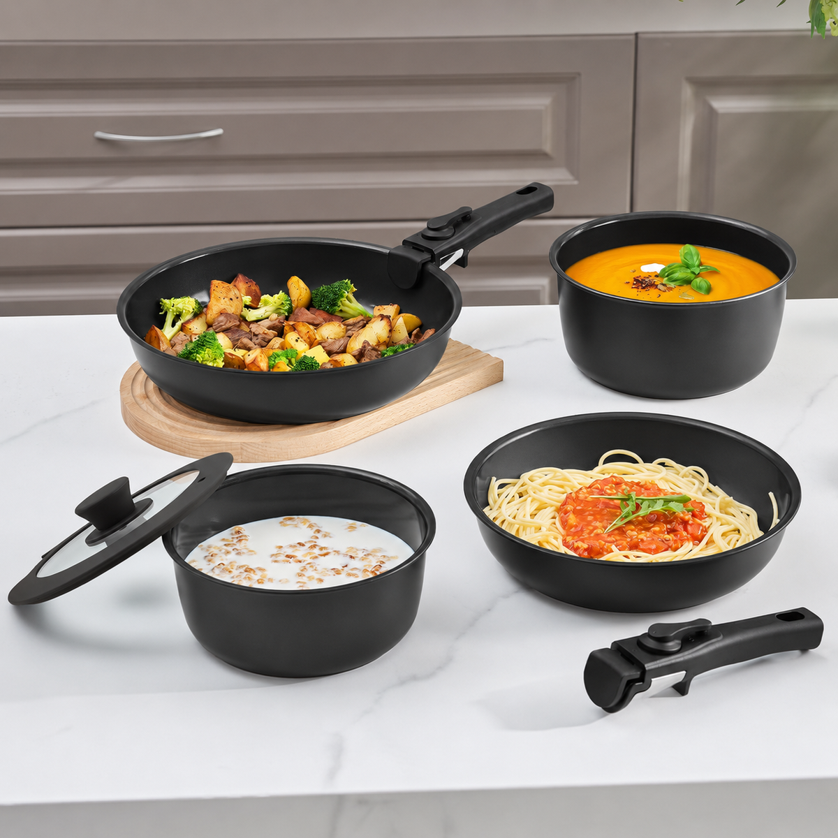 VEYUNA Cookware Set 14-Piece Nonstick Ceramic, Removable Handles, Food Prep