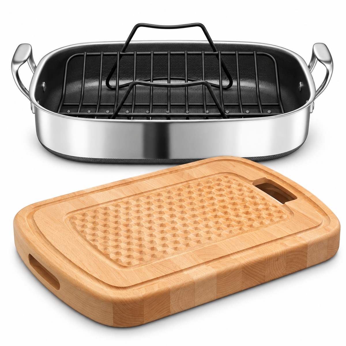 VEYUNA Hybrid Roasting Pan & Cutting Board Set with Rack, Carving Board and Handles